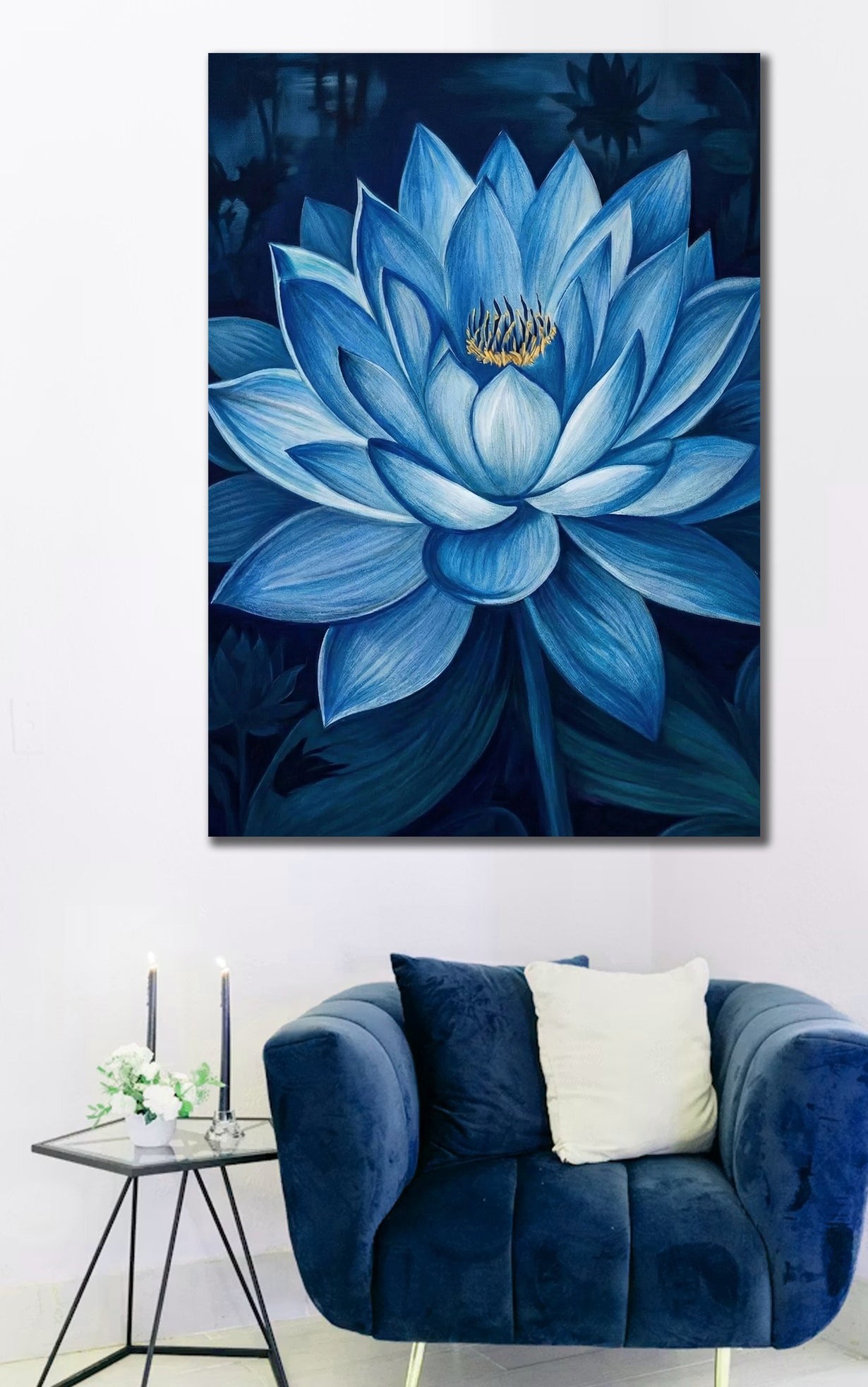 Vibrant 3D Blue Lotus Flower Abstract Canvas Wall Art